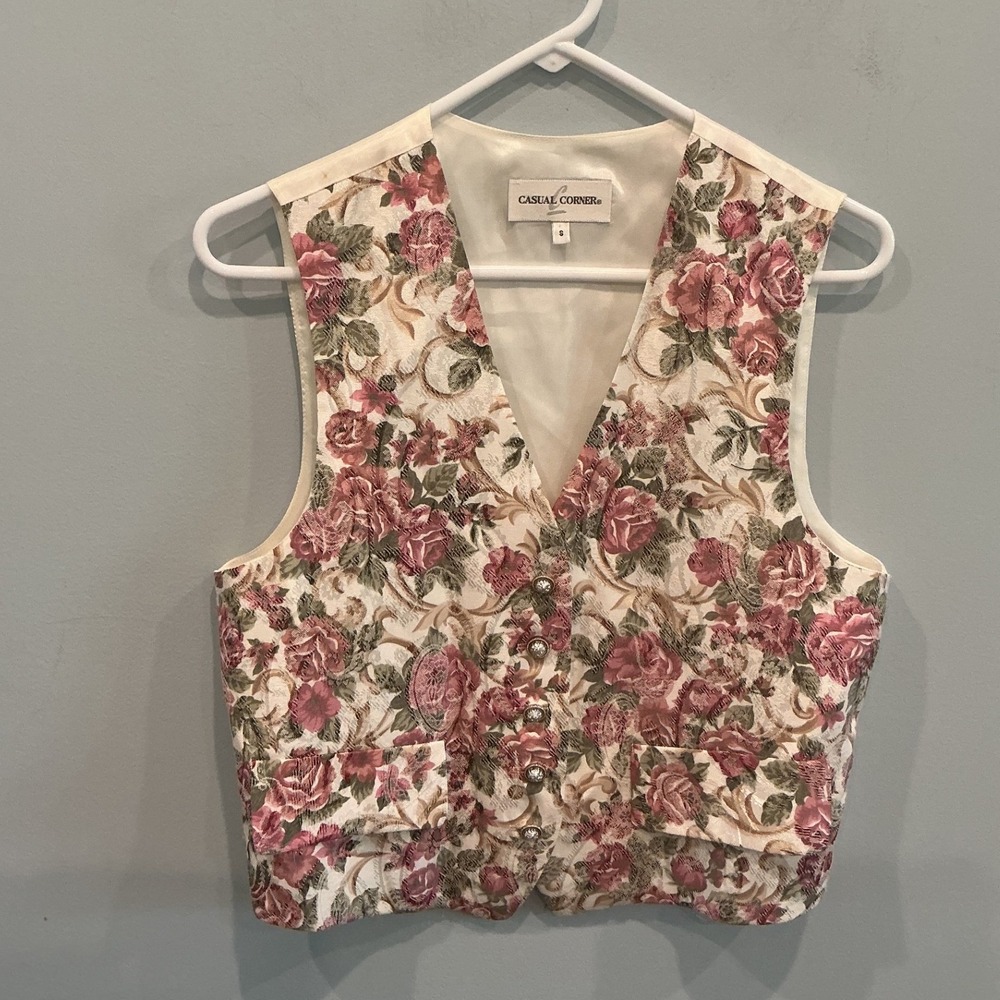 Vintage 90s Womens Brocade Tapestry Satin Back Vest S Floral Cottage Romantic